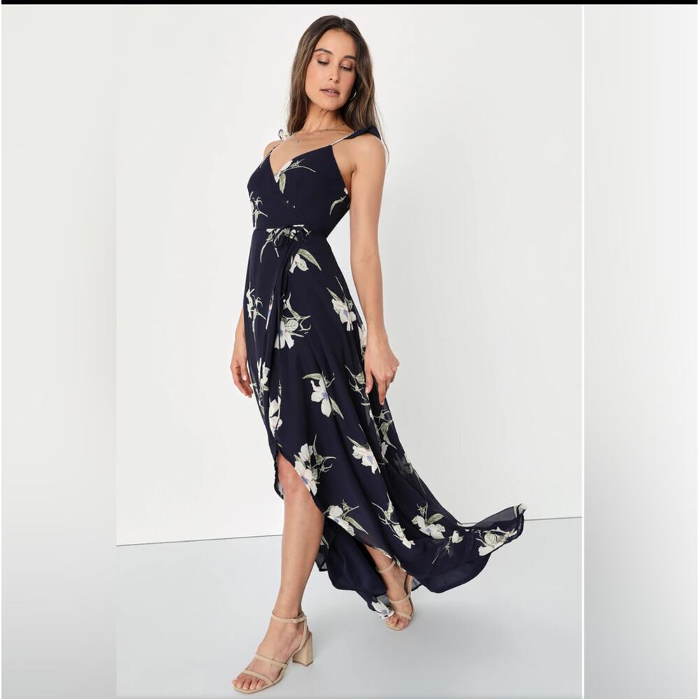 Lulu’s All Mine Navy Blue Floral Print High-Low Wrap Dress  size XS NWT Tropical